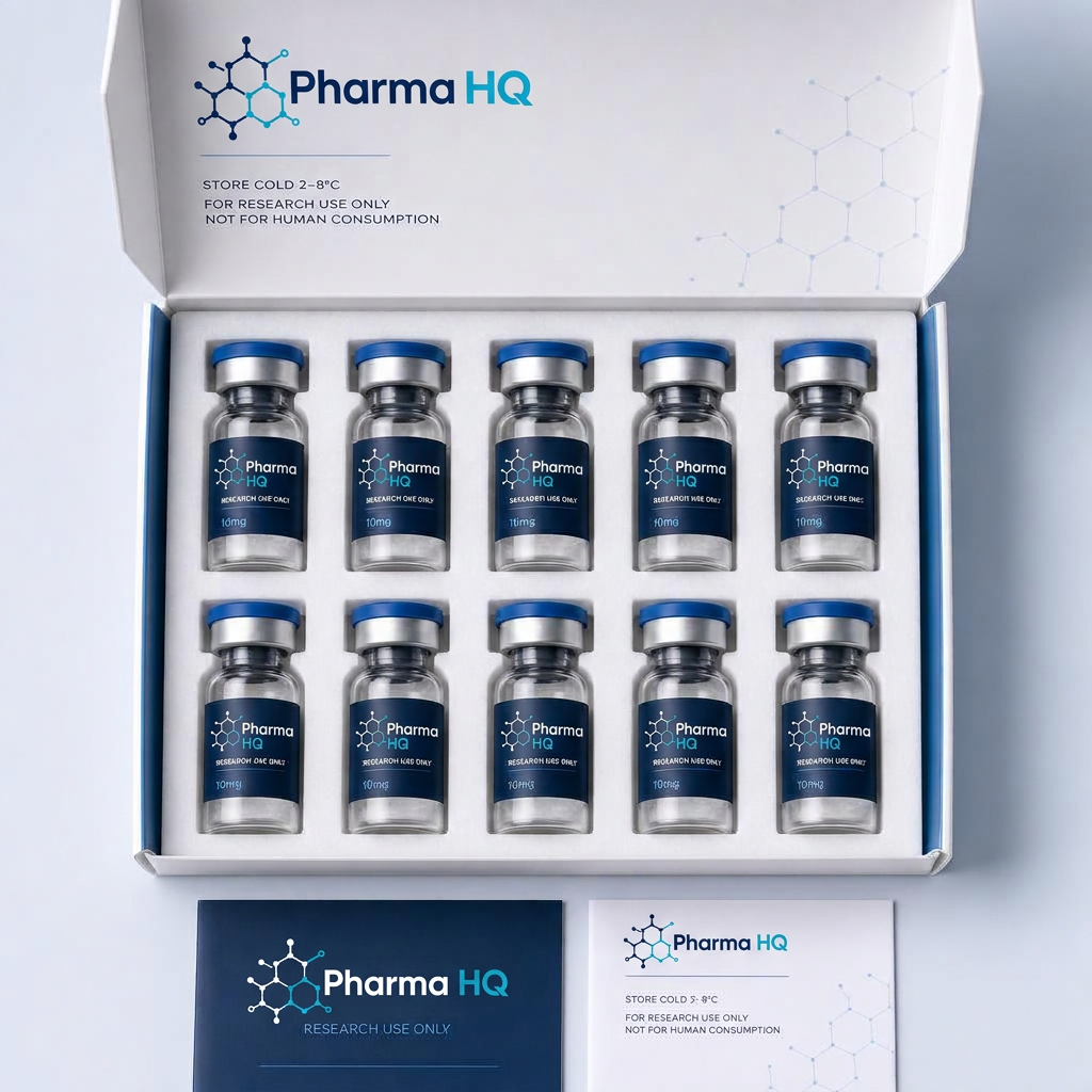 Pharma HQ open box of research peptide vials